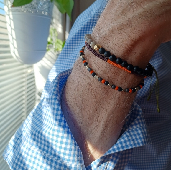 New men's jasper & sterling silver & Orange hand woven 3 pieces set bracelets - Picture 3 of 9